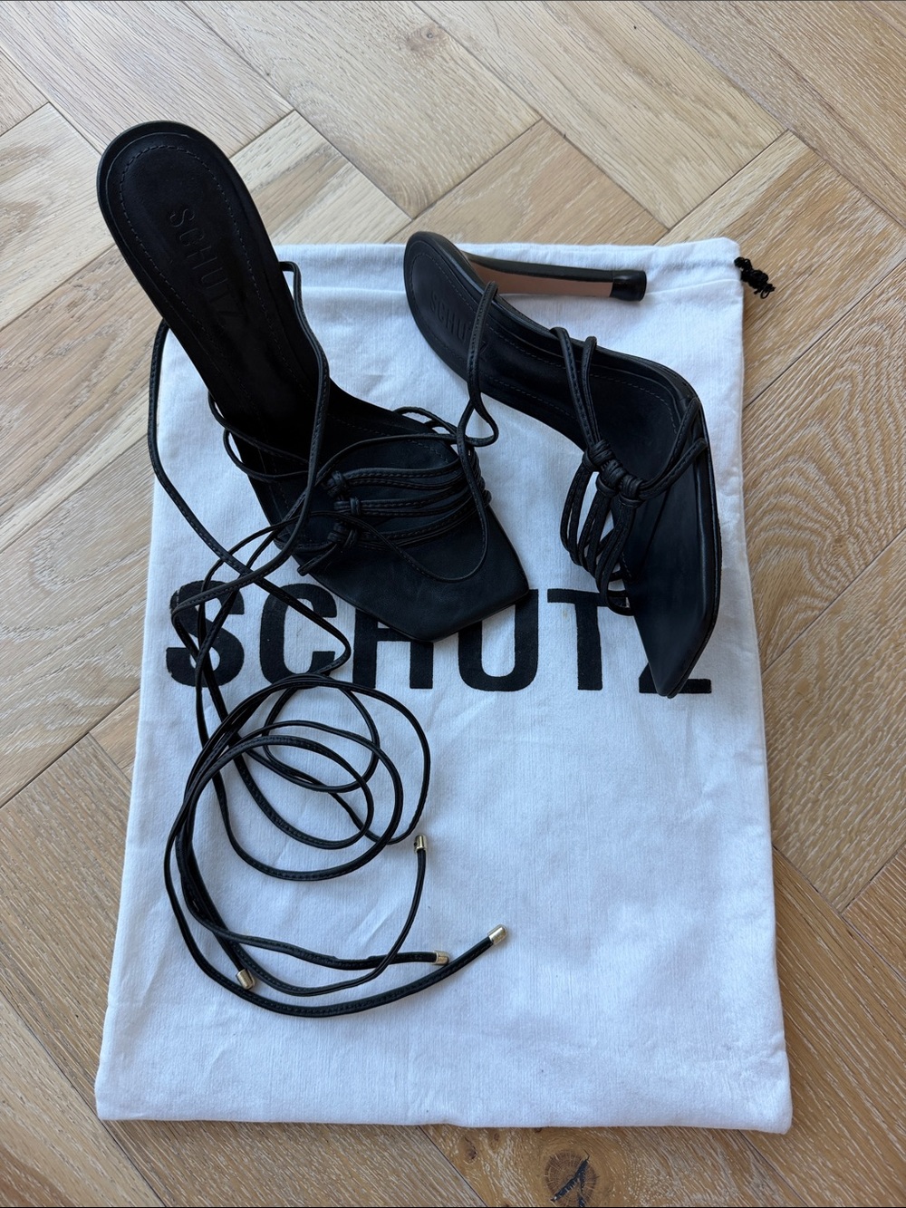 SCHUTZ Black Lace-Up Stiletto Mules